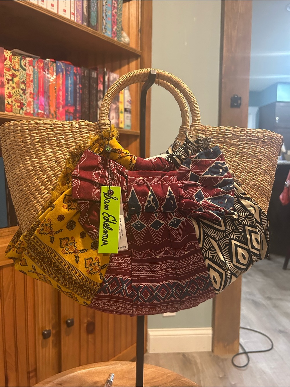 Sam Edelman Straw Tote with Yellow, Red & Black Scarf Accents